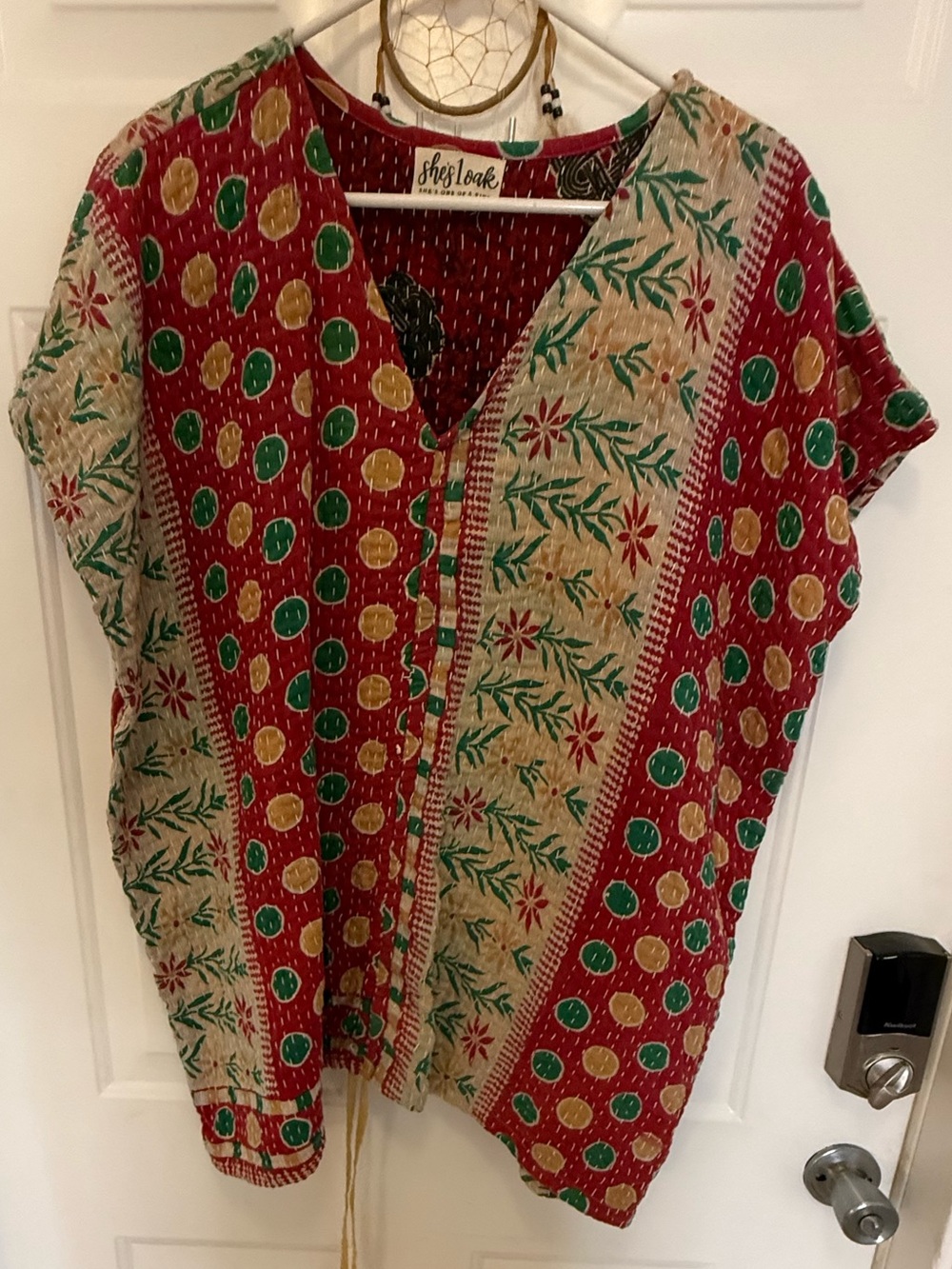 Red & Green Floral Patchwork V-Neck Women’s Top